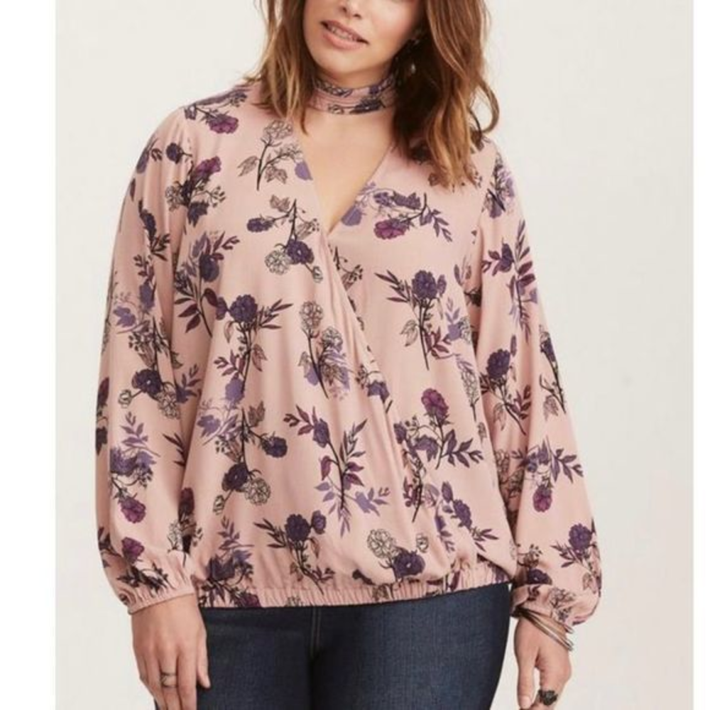 Torrid Pink Purple Floral Chiffon Mock Choker Neck Boho Top 2X